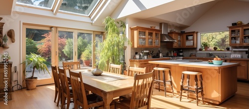 Bright kitchen with skylight wooden interior hardwood floor dining room view Northwest USA