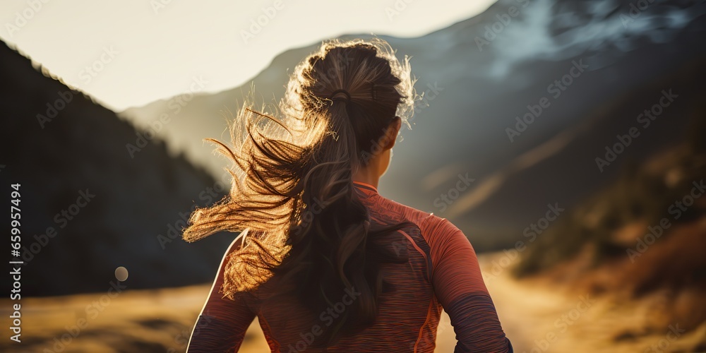 AI Generated. AI Generative. Outdoor nature trail running jogging female woman girl. View from back. Sport active motivation. Graphic Art - obrazy, fototapety, plakaty 