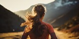 AI Generated. AI Generative. Outdoor nature trail running jogging female woman girl. View from back. Sport active motivation. Graphic Art