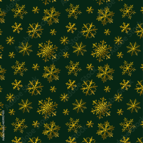 The pattern is beautiful with golden snowflakes on green background