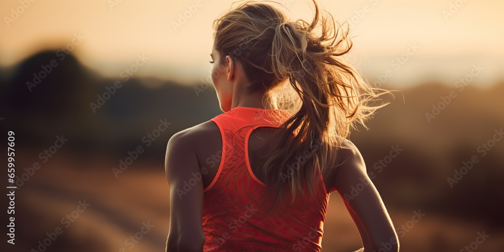AI Generated. AI Generative. Outdoor nature trail running jogging female woman girl. View from back. Sport active motivation. Graphic Art AI Generated. AI Generative. Outdoor nature trail running jogging female woman girl. View from back. Sport active motivation. Graphic Art