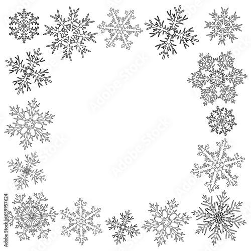 Postcard frame coloring with different snowflakes on the edge  free space in the middle  colorize