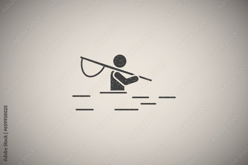 Man adventure fishing river leisure icon vector illustration in stamp style