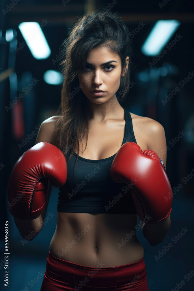 Young athletic girl in the gym doing boxing
