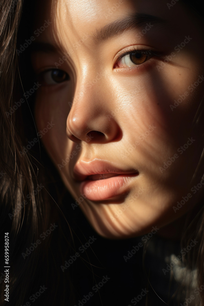 Extreme close-up portrait of an Asian woman with a play of light and shadow on her face Extreme close-up portrait of an Asian woman with a play of light and shadow on her face