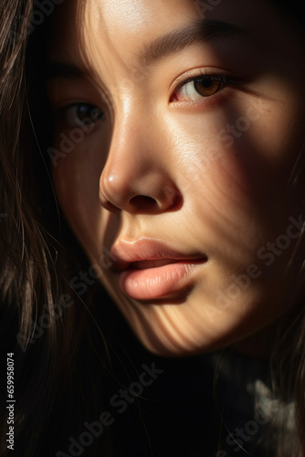 Extreme close-up portrait of an Asian woman with a play of light and shadow on her face