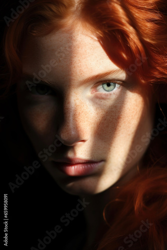 Close-up of a beautiful red-haired girl with a light and shadow pattern on her face