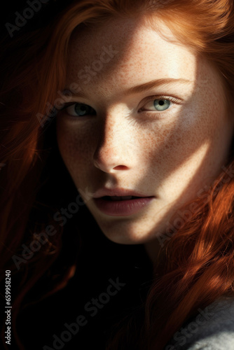 Close-up of a beautiful red-haired girl with a light and shadow pattern on her face