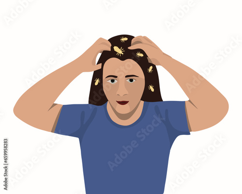 Vector isolated illustration of girl scratching from lice bite. The problem of pediculosis.