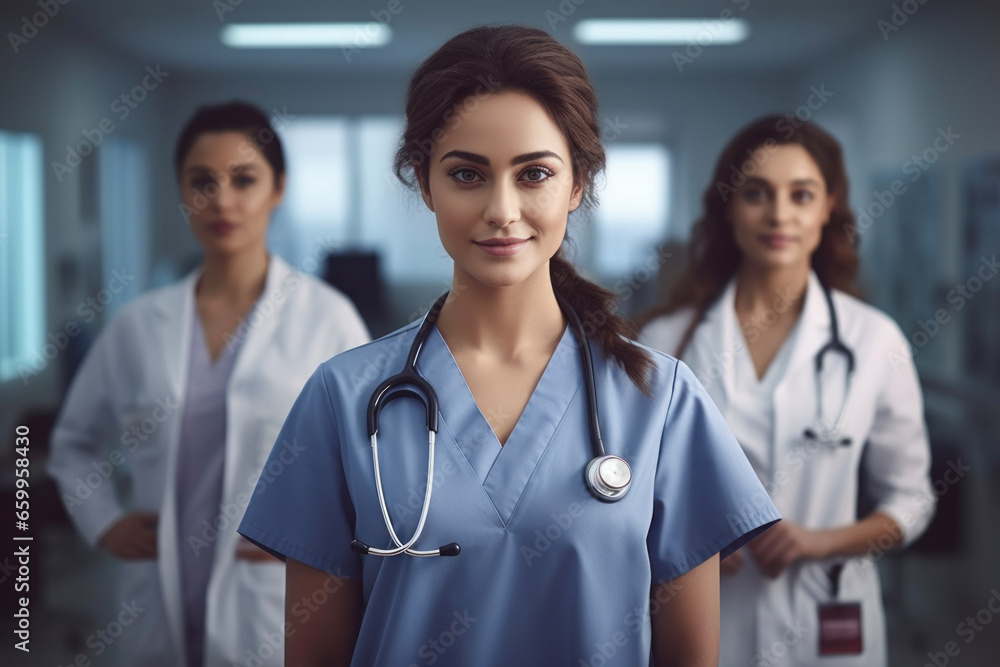 Female doctor in the clinic corridor with her team Female doctor in the clinic corridor with her team