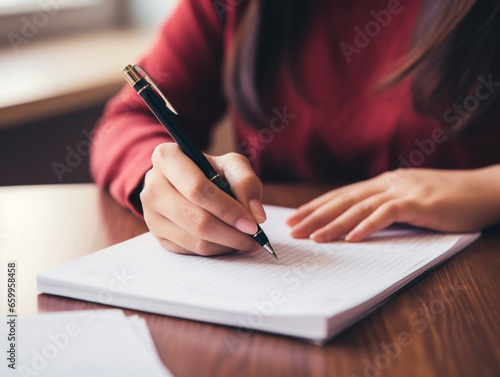 Close-up view of a woman's hands confidently solving tests with determination and focus.