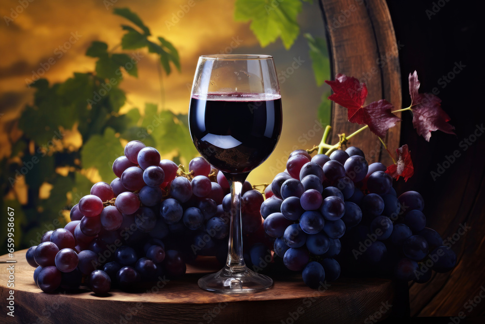 Photo of a glass of wine, wine barrel and grapes on a farm
