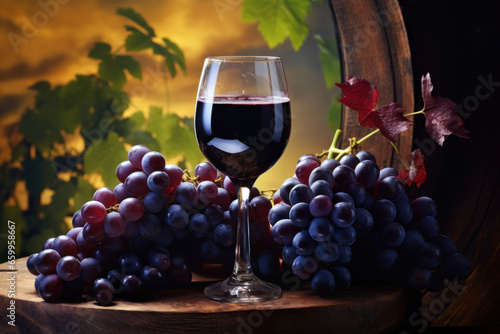 Photo of a glass of wine  wine barrel and grapes on a farm