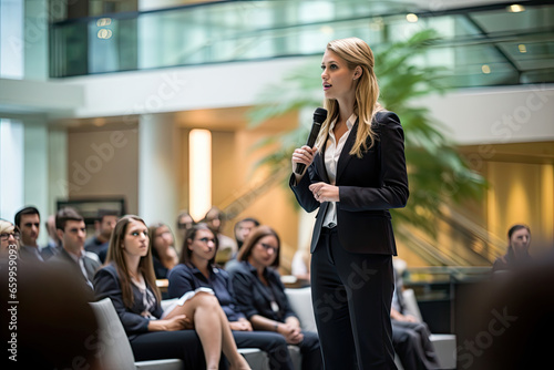 Empowered woman delivering an engaging and dynamic presentation to a female corporate audience. 