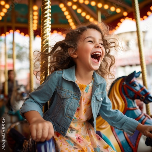 little girl riding in the Park on a toy horse on the carousel © Danko