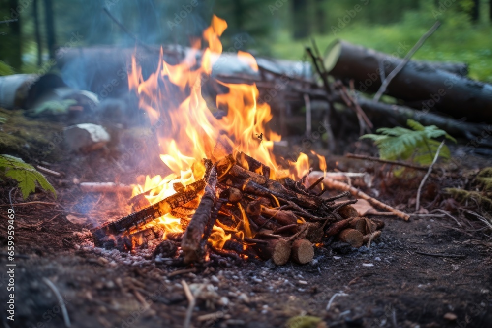 a small fire burning in an improvised campsite a small fire burning in an improvised campsite