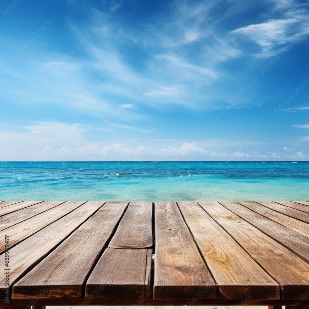 Wooden table on the background of the sea, island and the blue sky.