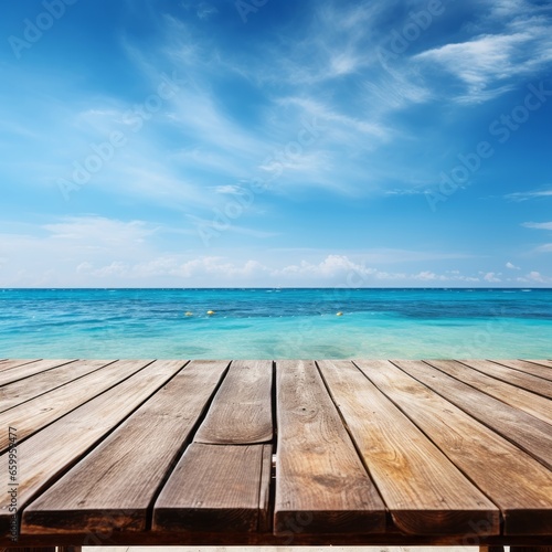 Wooden table on the background of the sea  island and the blue sky.