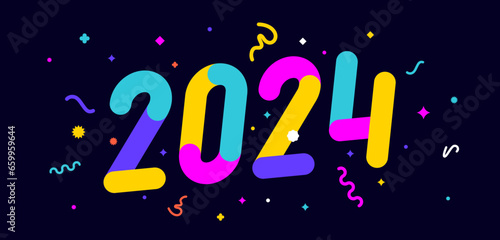 2024. Greeting card for Happy New Year, banner, poster, holiday confetti style with text 2024 for Happy New Year or Merry Christmas. Holiday 20024 background, banner, poster. Vector Illustration