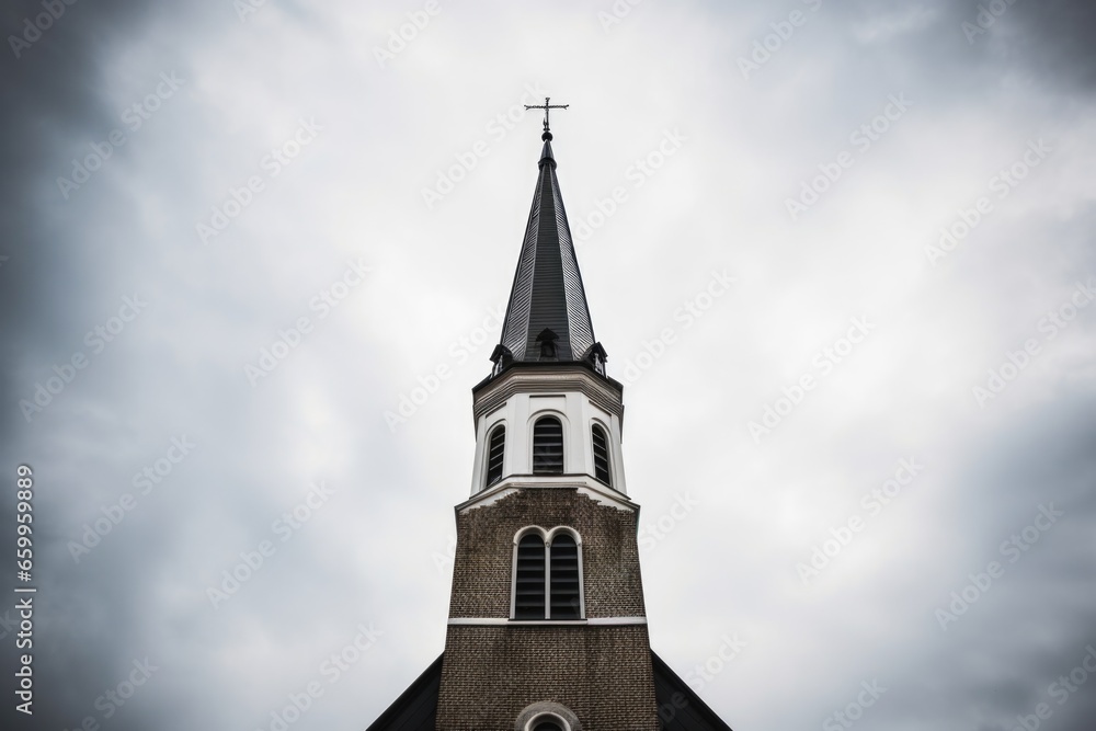 church bell tower framed by the grey cloudy sky church bell tower framed by the grey cloudy sky