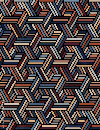 Seamless abstract geometric pattern. Small multicolored rectangles on a black background. Striped graphic texture in blue, orange, grey, and brown colors. Vector Illustration.