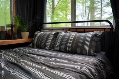 a black metal-framed bed with pinstriped bedding
