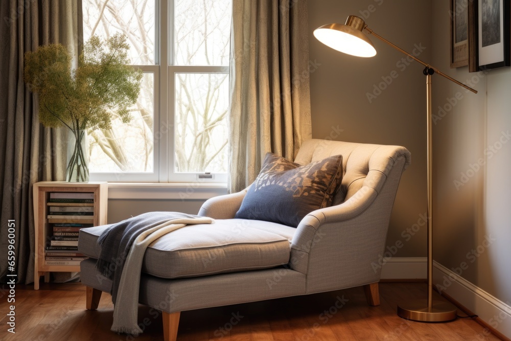 a cozy reading nook with a chaise lounge and floor lamp - obrazy, fototapety, plakaty 