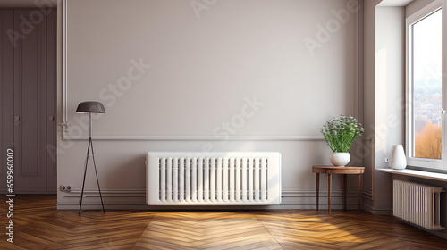 Heating radiator in a minimalist room interior. Heating for apartments and houses, the beginning of the heating cold season. 