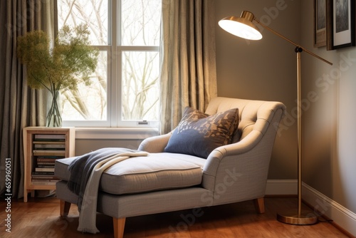 a cozy reading nook with a chaise lounge and floor lamp