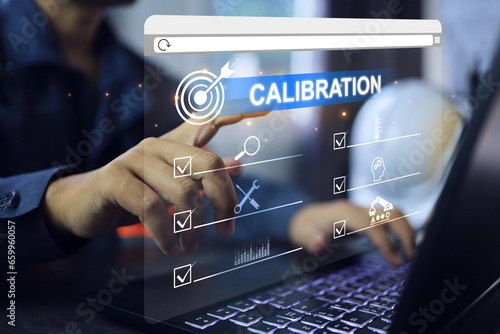 Engineer or lab staff pointing on instrument calibration in to control the accuracy of measurement error within the range specified by standard. iso iec 17025 laboratory management certified concept.