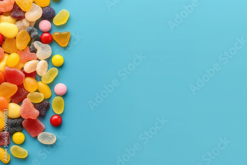 different candy over a vibrant studio background with space for text