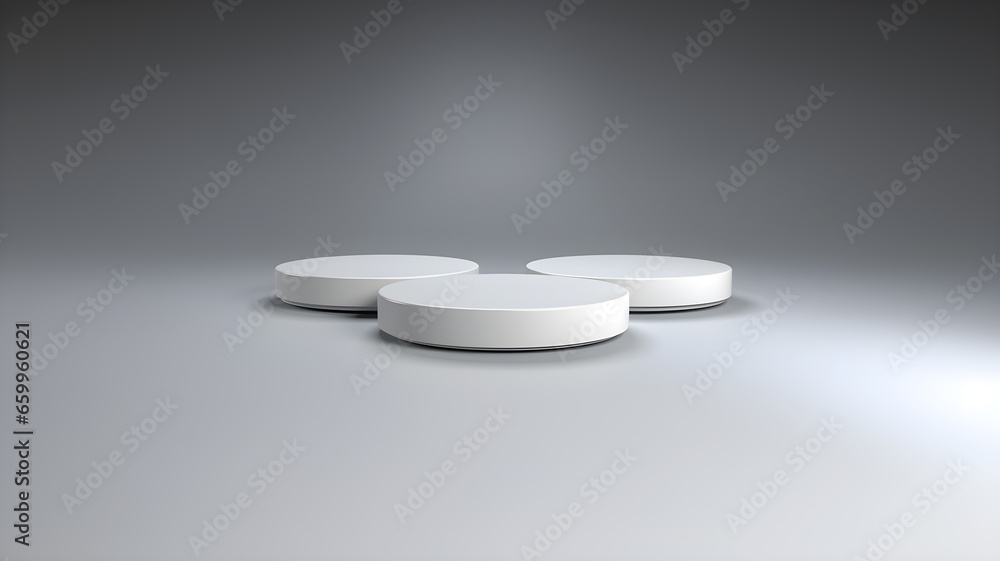 Wide Angle View Three white circle Empty podium mockups. Wide Angle View Three white circle Empty podium mockups.