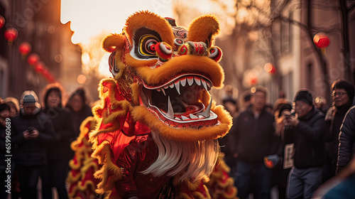 Horizontal photo of a person wearing a golden dragon costume on the street. Concept people culture