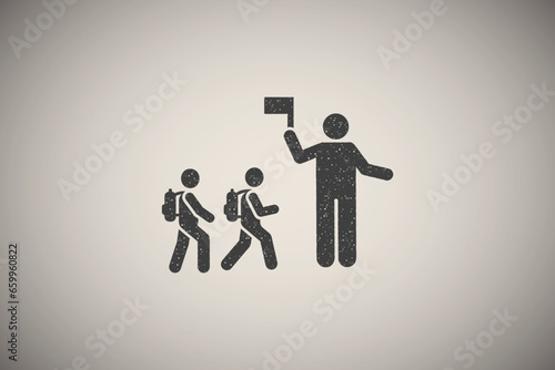 schoolchildren cross the road flag pictogram icon vector illustration in stamp style