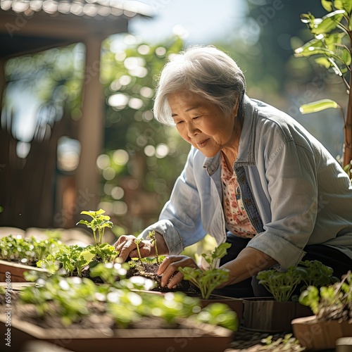 Older Asian Woman Planting Herbs in Garden Content and Solo Activity 