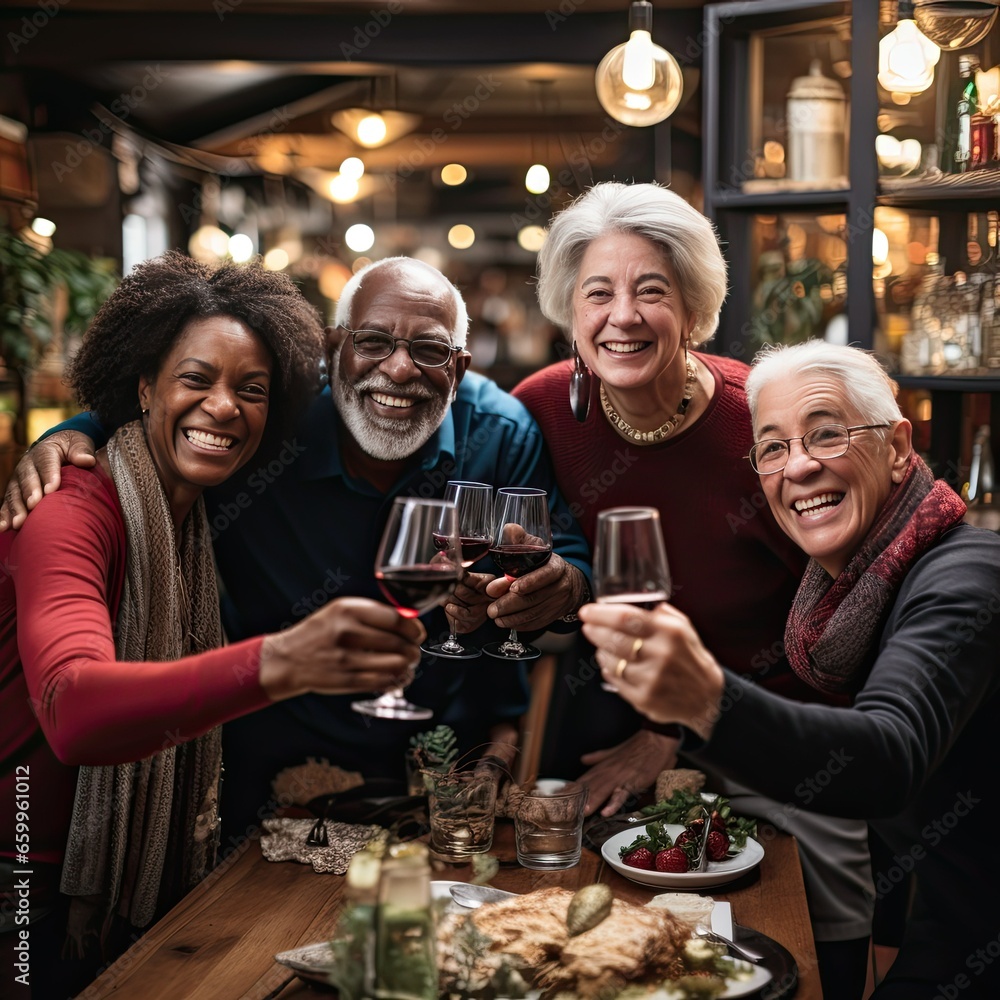 Diverse group of Senior Citizens having Dinner and Drinks Together at Restaurant, Cheers and Celebration Concept Diverse group of Senior Citizens having Dinner and Drinks Together at Restaurant, Cheers and Celebration Concept