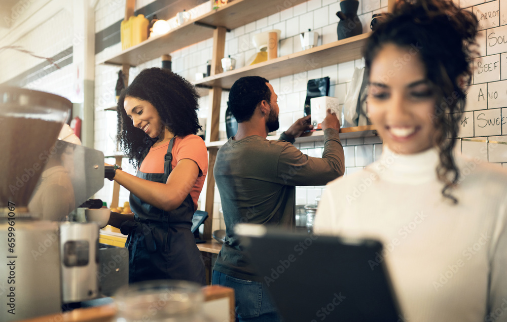 Happy woman, tablet and team in small business at cafe for hospitality service at coffee shop. Female person, entrepreneur or restaurant owner smile with technology and barista in teamwork at store