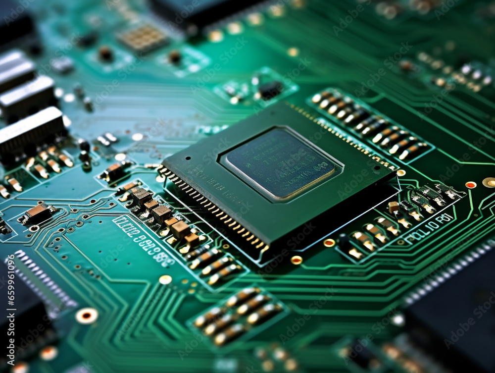 A detailed view of computer components or circuits, highlighting their intricate design and connectivity. A detailed view of computer components or circuits, highlighting their intricate design and connectivity.