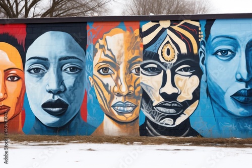 a multicultural mural tainted by monochromatic paint