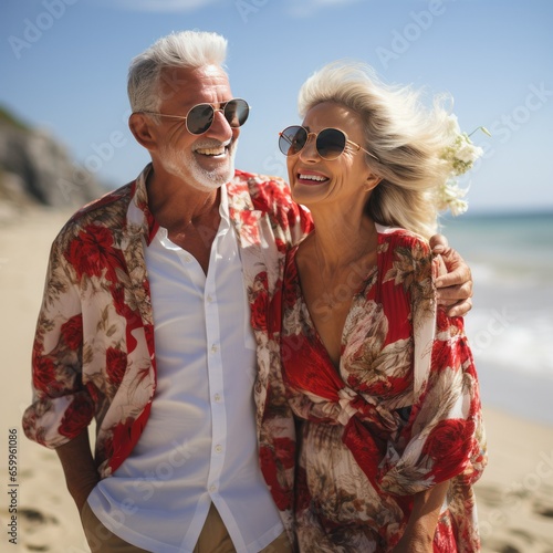 Senior Citizen Retired Couple Walking on Beach, Travel Security and Confident Concept