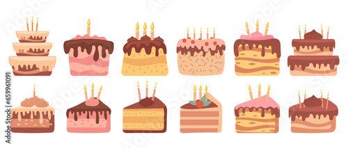 Delicious desserts, pastries, cupcakes, birthday cakes with holiday candles. Set of colorful birthday cakes. Vector