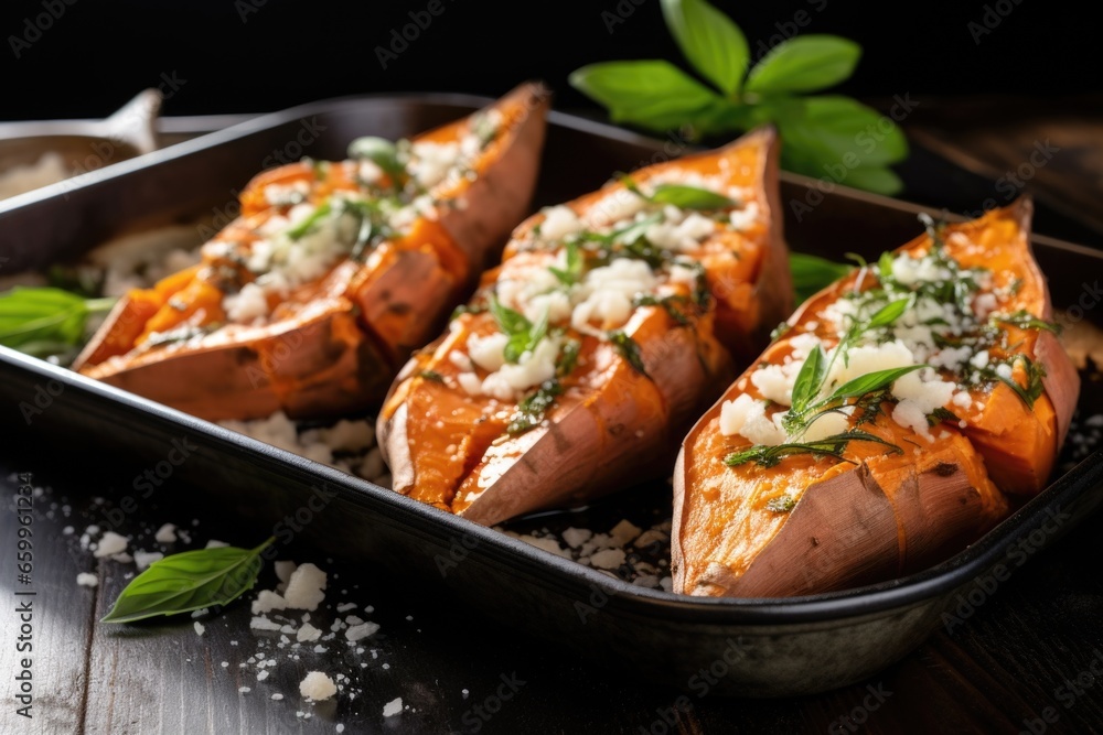 a tray filled with homemade, baked sweet potatoes a tray filled with homemade, baked sweet potatoes