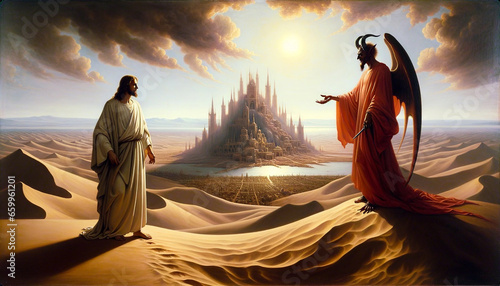 Jesus and the Devil: Christ is tempted by Satan after 40 days in the desert, by offering him all the kingdoms and power of the world if Jesus will worship him.