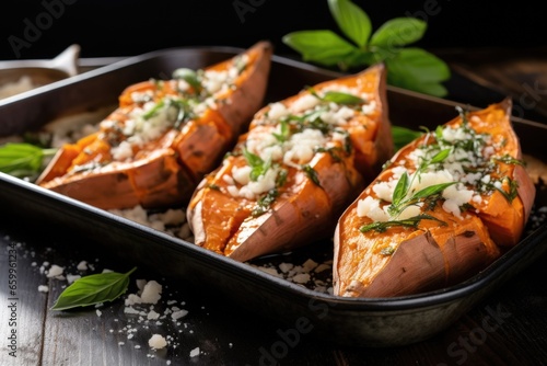 a tray filled with homemade, baked sweet potatoes
