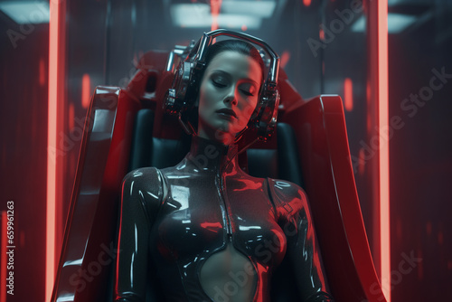 Beauty, style, fashion, fantasy, sci-fi, make-up concept. Sci-fi woman portrait with tight futuristic robotic suit. Futuristic background like spaceship. Generative AI