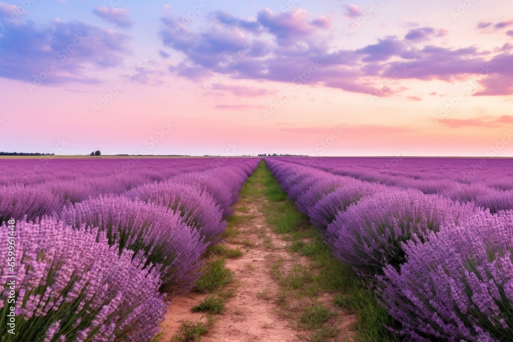 Fototapeta premium a trail leading through an endless field of lavender