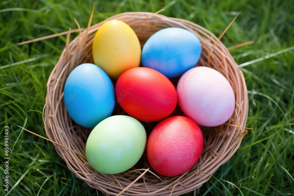 colored eggs nestled in basket of fresh grass for easter