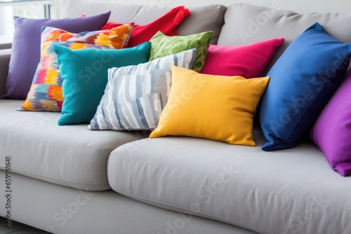 brightly colored throw pillows scattered on a grey couch