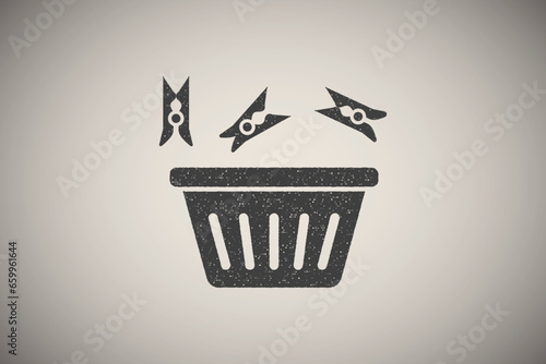 Laundry, clother tub, clothespin icon vector illustration in stamp style