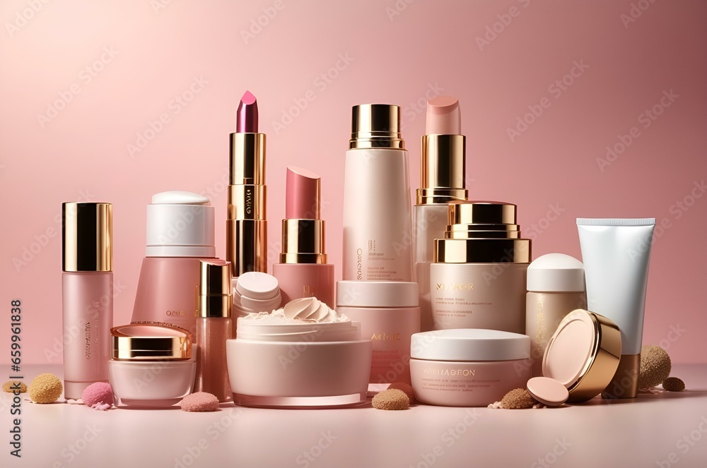 collection of diverse cosmetic bottle mock-ups, including foundations, lipsticks, and eyeshadows, offering inspiration for innovative product introductions launches. collection of diverse cosmetic bottle mock-ups, including foundations, lipsticks, and eyeshadows, offering inspiration for innovative product introductions launches.